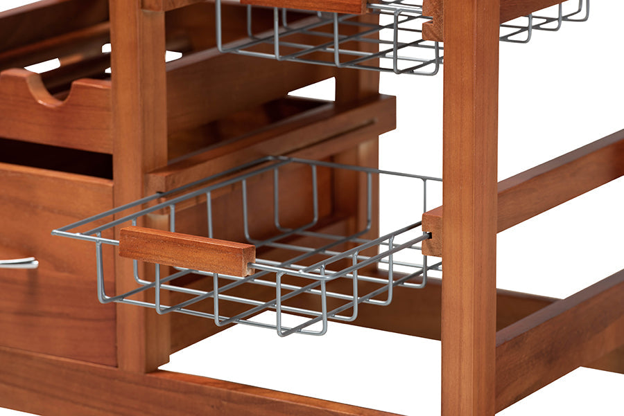 Baxton Studio Crayton Modern and Contemporary Oak Brown Finished Wood and Silver-Tone Metal Mobile Kitchen Storage Cart