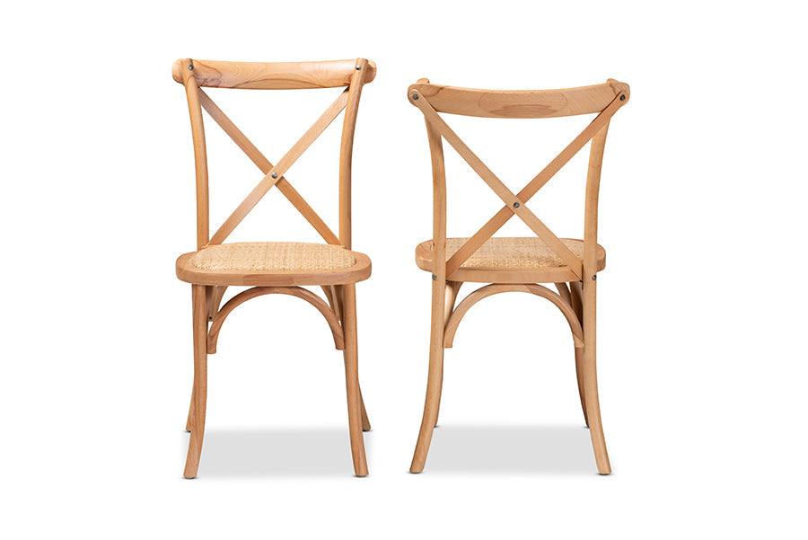 Baxton Studio Tartan Mid-Century Modern Brown Woven Rattan and Wood 2-Piece Dining Chair Set