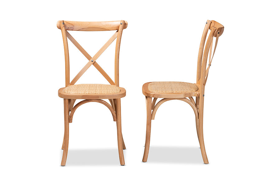 Baxton Studio Tartan Mid-Century Modern Brown Woven Rattan and Wood 2-Piece Dining Chair Set