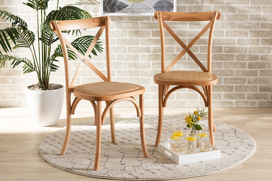 Baxton Studio Tartan Mid-Century Modern Brown Woven Rattan and Wood 2-Piece Dining Chair Set