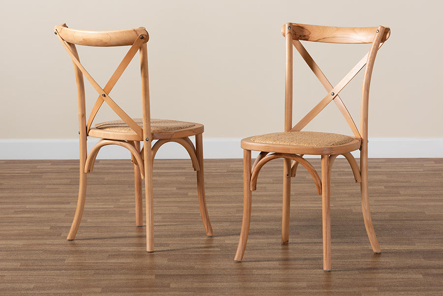 Baxton Studio Tartan Mid-Century Modern Brown Woven Rattan and Wood 2-Piece Dining Chair Set