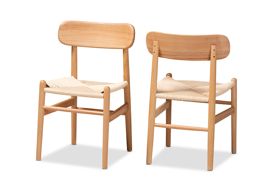 Baxton Studio Raheem Mid-Century Modern Brown Hemp and Wood 2-Piece Dining Chair Set