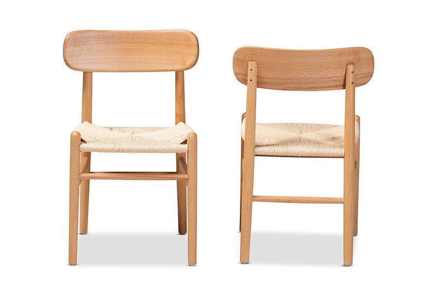 Baxton Studio Raheem Mid-Century Modern Brown Hemp and Wood 2-Piece Dining Chair Set