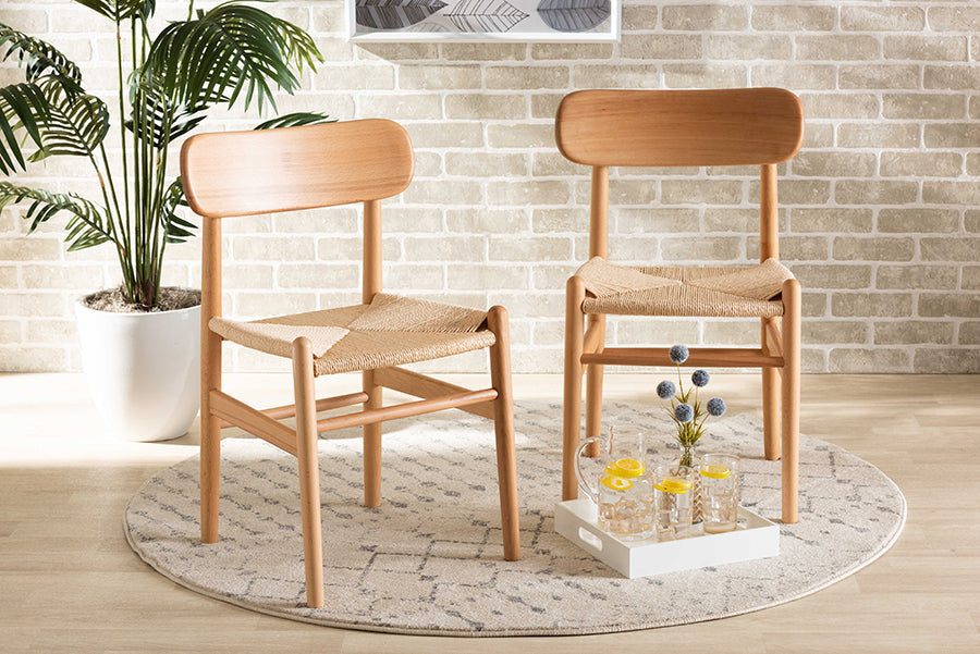 Baxton Studio Raheem Mid-Century Modern Brown Hemp and Wood 2-Piece Dining Chair Set