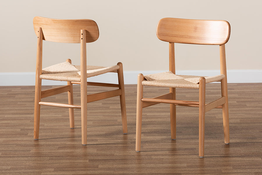 Baxton Studio Raheem Mid-Century Modern Brown Hemp and Wood 2-Piece Dining Chair Set
