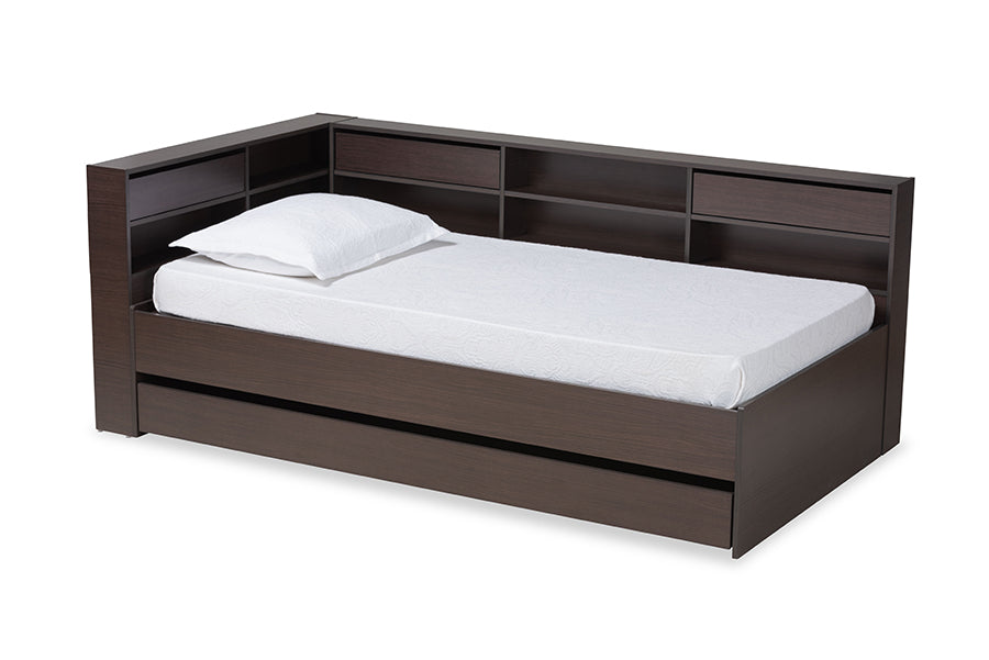 Baxton Studio Faraday Modern and Contemporary Dark Brown Finished Wood Twin Size Platform Storage Corner Bed