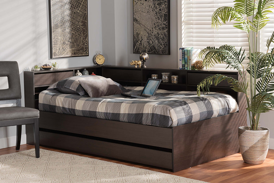 Baxton Studio Faraday Modern and Contemporary Dark Brown Finished Wood Twin Size Platform Storage Corner Bed