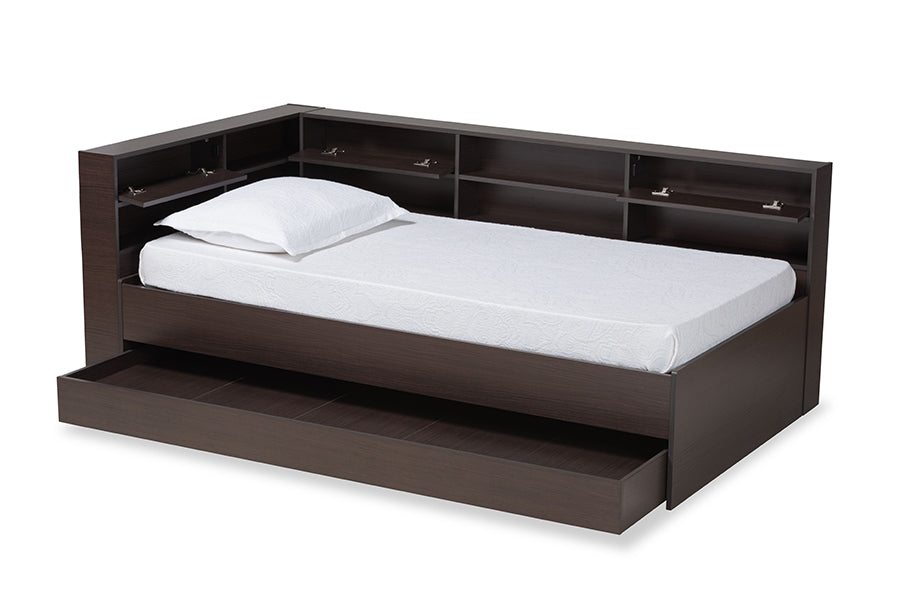 Baxton Studio Faraday Modern and Contemporary Dark Brown Finished Wood Twin Size Platform Storage Corner Bed