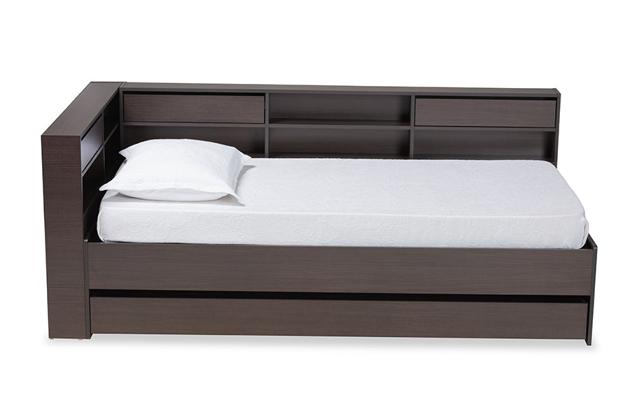 Baxton Studio Faraday Modern and Contemporary Dark Brown Finished Wood Twin Size Platform Storage Corner Bed