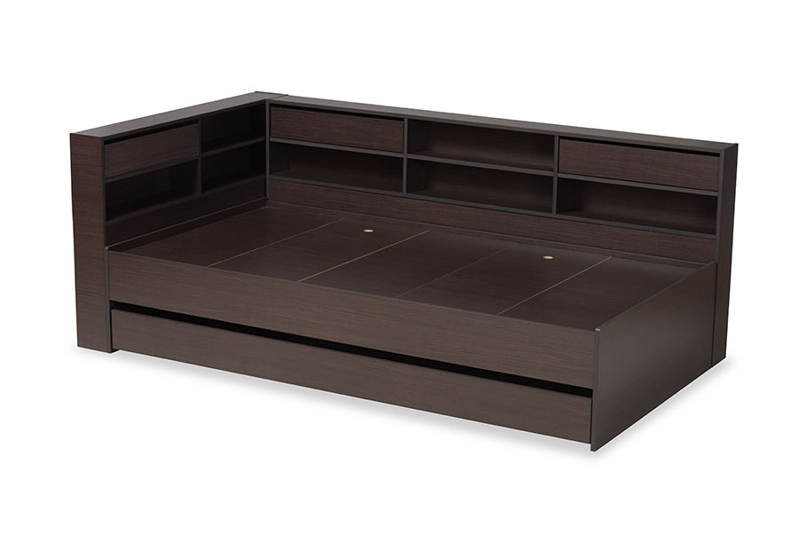 Baxton Studio Faraday Modern and Contemporary Dark Brown Finished Wood Twin Size Platform Storage Corner Bed