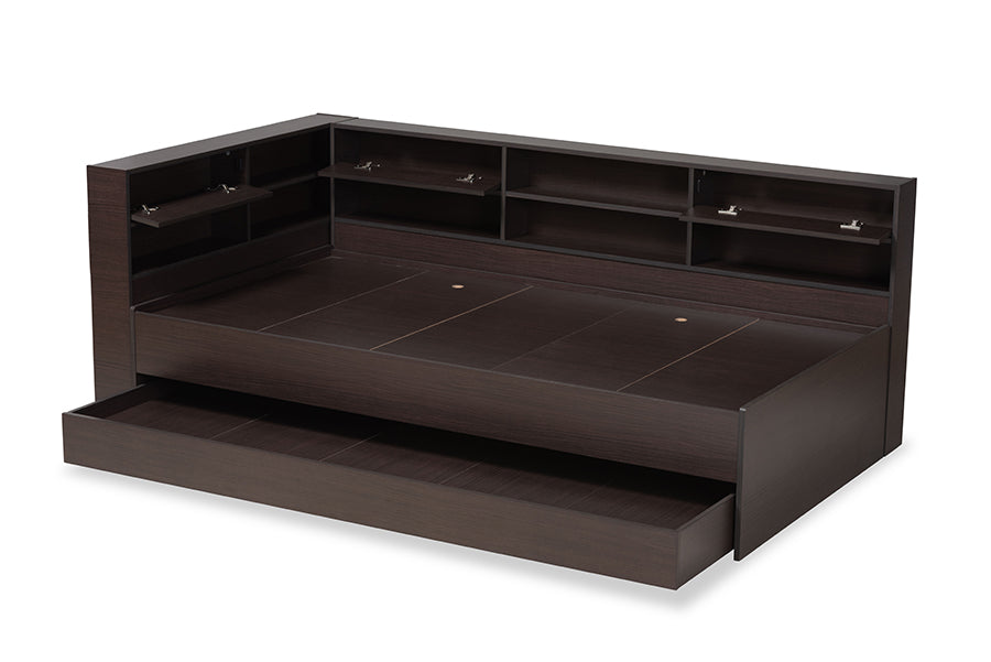 Baxton Studio Faraday Modern and Contemporary Dark Brown Finished Wood Twin Size Platform Storage Corner Bed