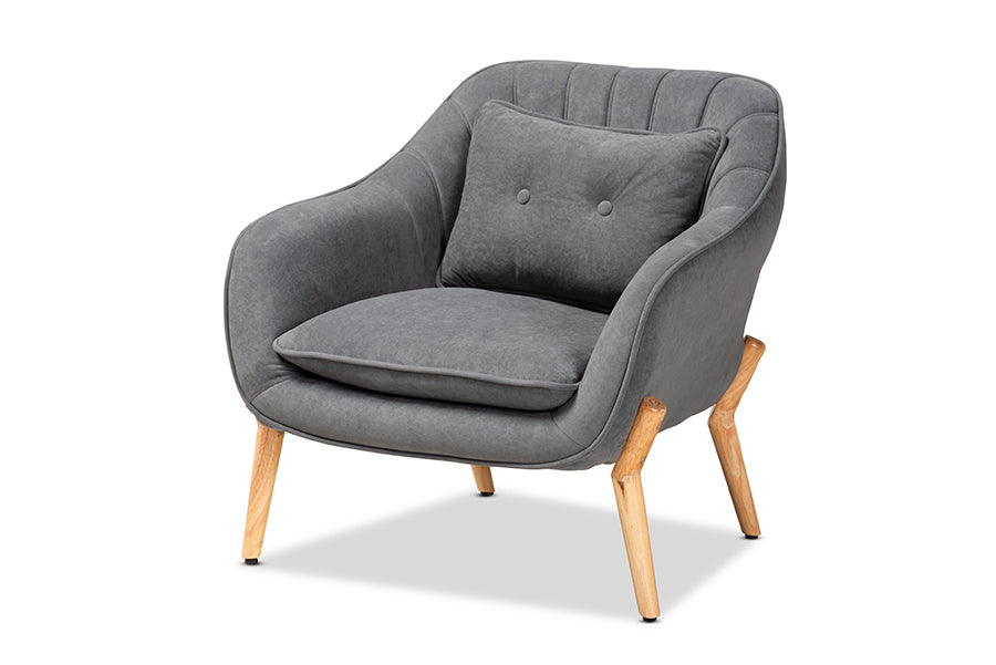 Baxton Studio Valentina Mid-Century Modern Transitional Grey Velvet Fabric Upholstered and Natural Wood Finished Armchair