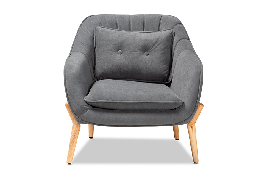 Baxton Studio Valentina Mid-Century Modern Transitional Grey Velvet Fabric Upholstered and Natural Wood Finished Armchair