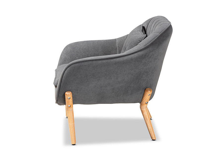 Baxton Studio Valentina Mid-Century Modern Transitional Grey Velvet Fabric Upholstered and Natural Wood Finished Armchair
