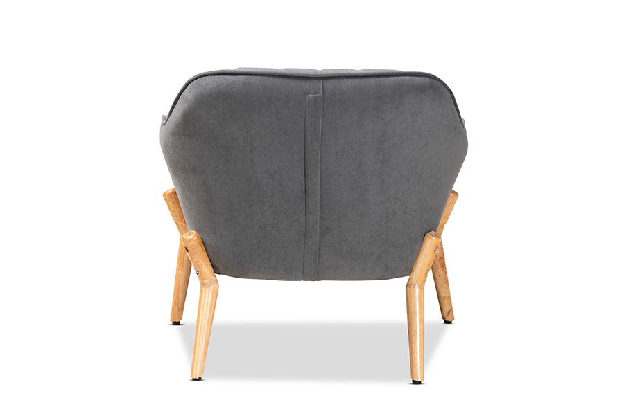 Baxton Studio Valentina Mid-Century Modern Transitional Grey Velvet Fabric Upholstered and Natural Wood Finished Armchair