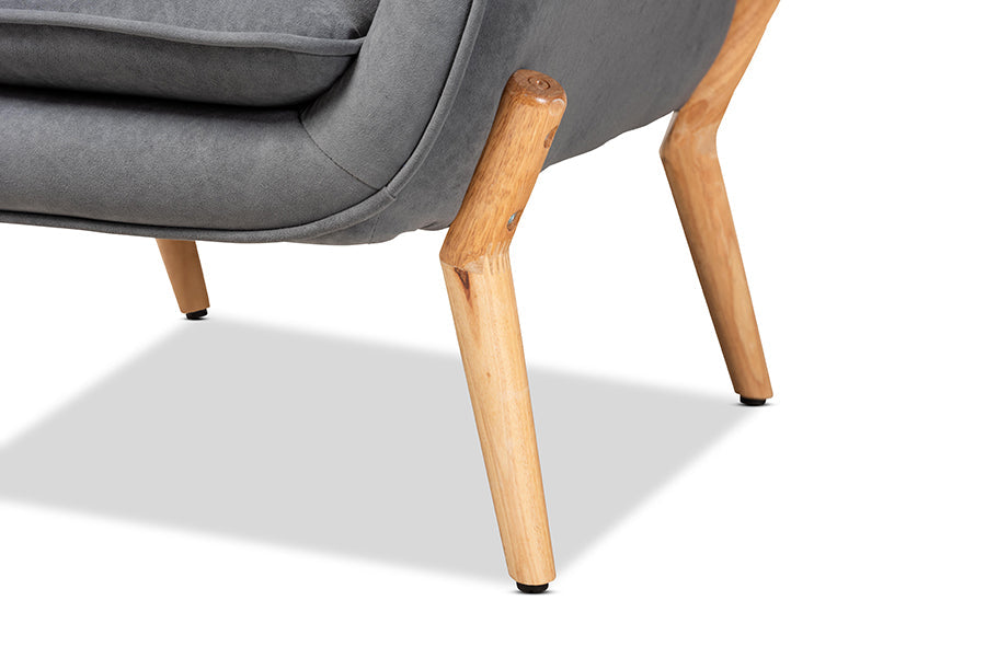Baxton Studio Valentina Mid-Century Modern Transitional Grey Velvet Fabric Upholstered and Natural Wood Finished Armchair