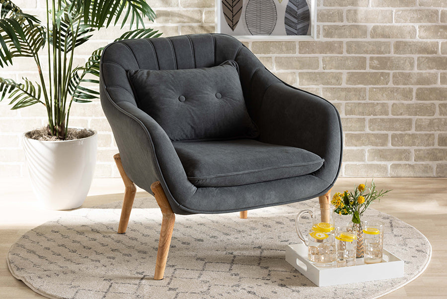 Baxton Studio Valentina Mid-Century Modern Transitional Grey Velvet Fabric Upholstered and Natural Wood Finished Armchair