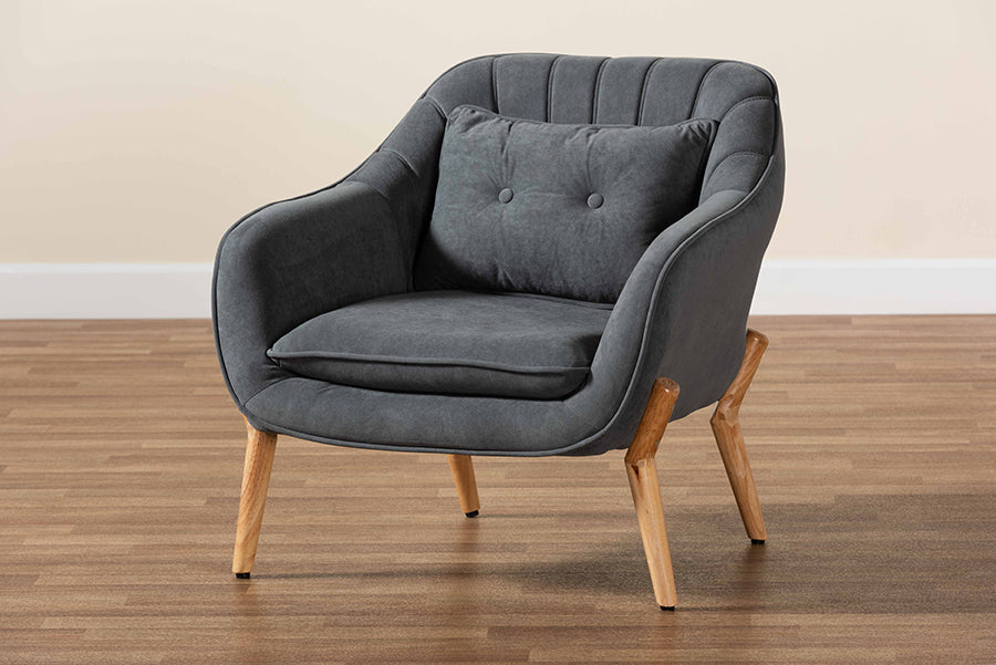 Baxton Studio Valentina Mid-Century Modern Transitional Grey Velvet Fabric Upholstered and Natural Wood Finished Armchair