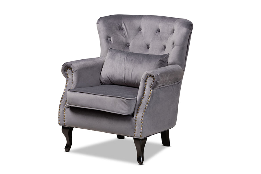 Baxton Studio Fletcher Classic and Traditional Grey Velvet Fabric Upholstered and Dark Brown Finished Wood Armchair