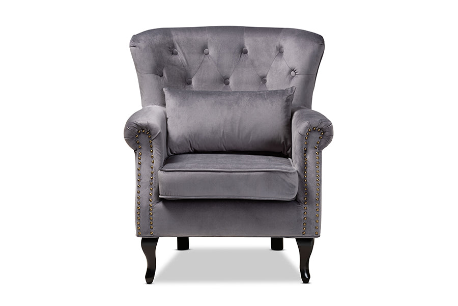 Baxton Studio Fletcher Classic and Traditional Grey Velvet Fabric Upholstered and Dark Brown Finished Wood Armchair