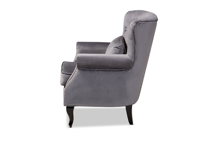 Baxton Studio Fletcher Classic and Traditional Grey Velvet Fabric Upholstered and Dark Brown Finished Wood Armchair