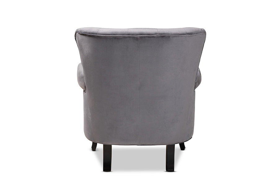 Baxton Studio Fletcher Classic and Traditional Grey Velvet Fabric Upholstered and Dark Brown Finished Wood Armchair