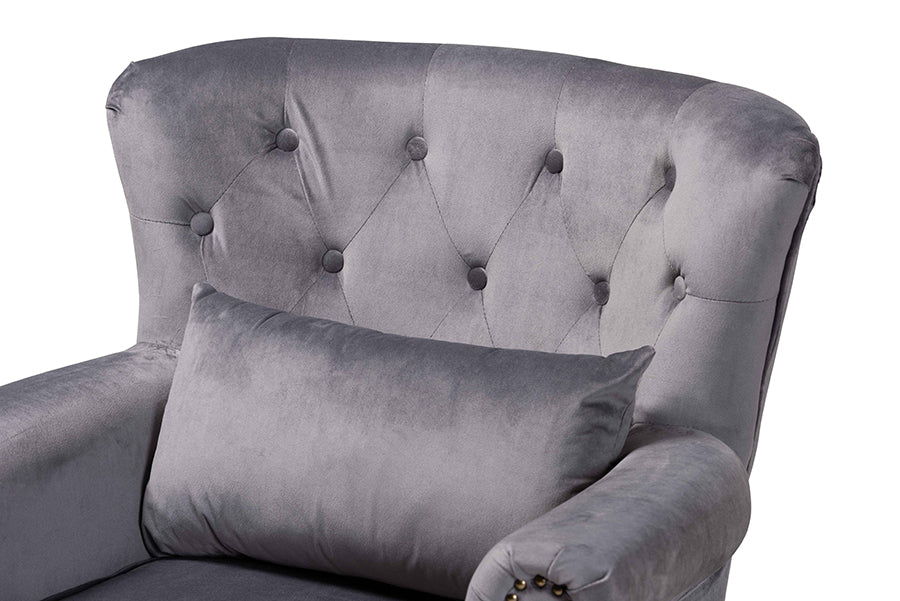 Baxton Studio Fletcher Classic and Traditional Grey Velvet Fabric Upholstered and Dark Brown Finished Wood Armchair