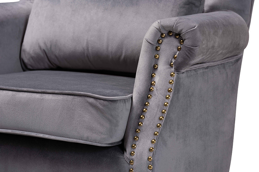 Baxton Studio Fletcher Classic and Traditional Grey Velvet Fabric Upholstered and Dark Brown Finished Wood Armchair