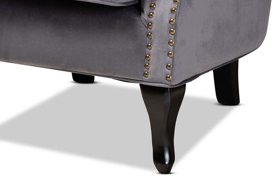 Baxton Studio Fletcher Classic and Traditional Grey Velvet Fabric Upholstered and Dark Brown Finished Wood Armchair