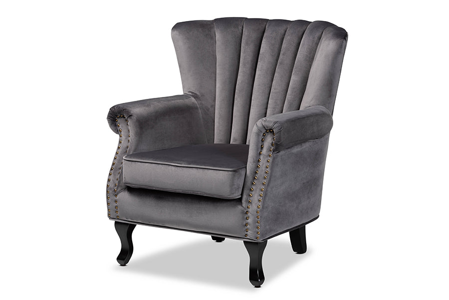 Baxton Studio Relena Classic and Traditional Grey Velvet Fabric Upholstered and Dark Brown Finished Wood Armchair