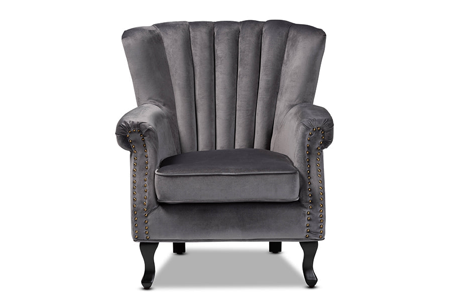 Baxton Studio Relena Classic and Traditional Grey Velvet Fabric Upholstered and Dark Brown Finished Wood Armchair