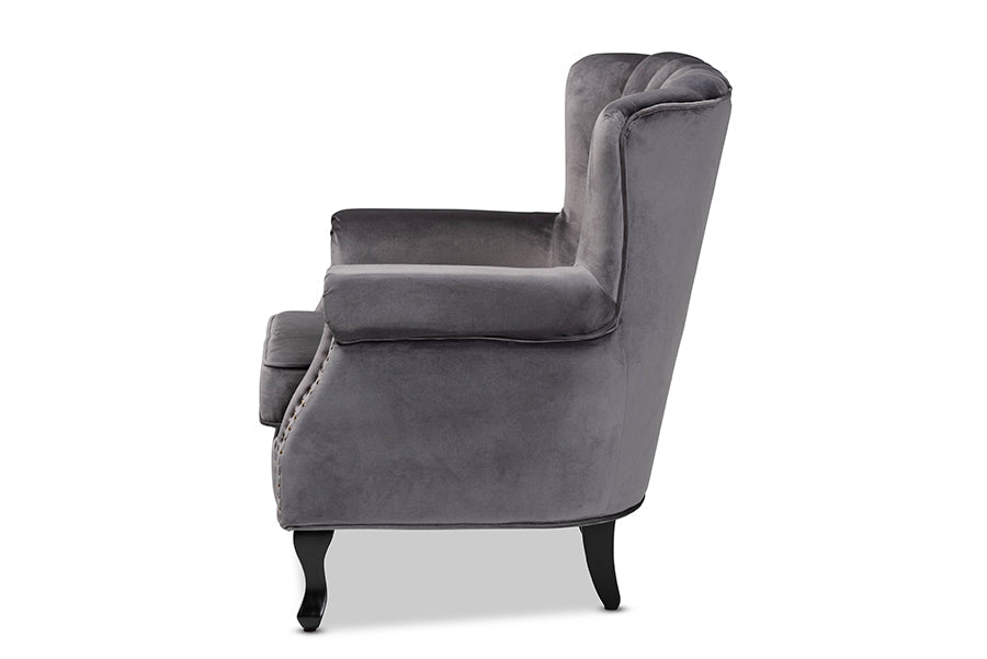 Baxton Studio Relena Classic and Traditional Grey Velvet Fabric Upholstered and Dark Brown Finished Wood Armchair