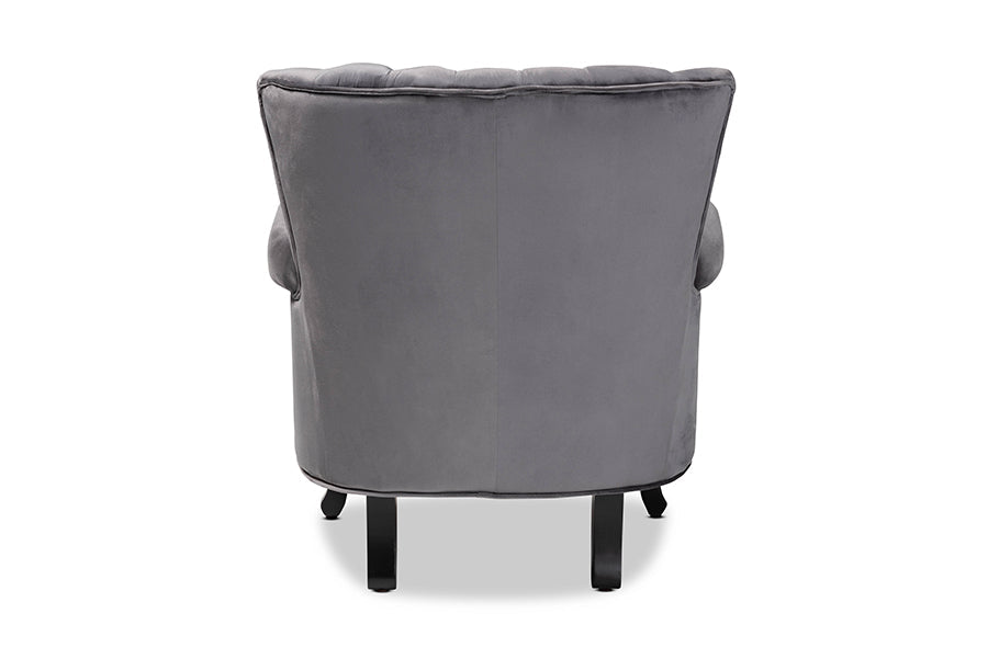 Baxton Studio Relena Classic and Traditional Grey Velvet Fabric Upholstered and Dark Brown Finished Wood Armchair