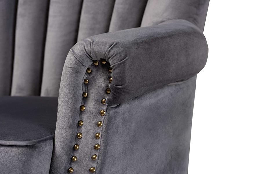 Baxton Studio Relena Classic and Traditional Grey Velvet Fabric Upholstered and Dark Brown Finished Wood Armchair