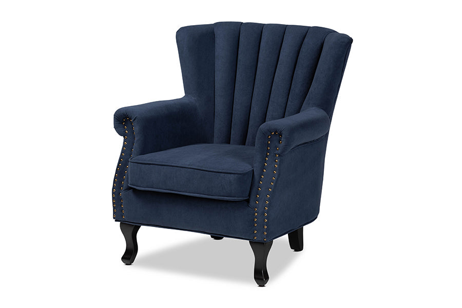 Baxton Studio Relena Classic and Traditional Navy Blue Velvet Fabric Upholstered and Dark Brown Finished Wood Armchair