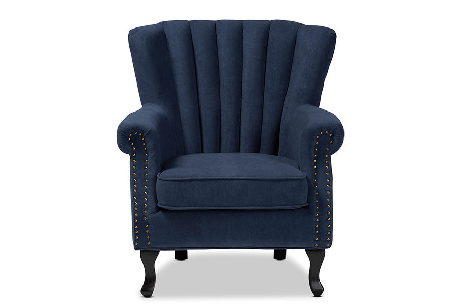 Baxton Studio Relena Classic and Traditional Navy Blue Velvet Fabric Upholstered and Dark Brown Finished Wood Armchair
