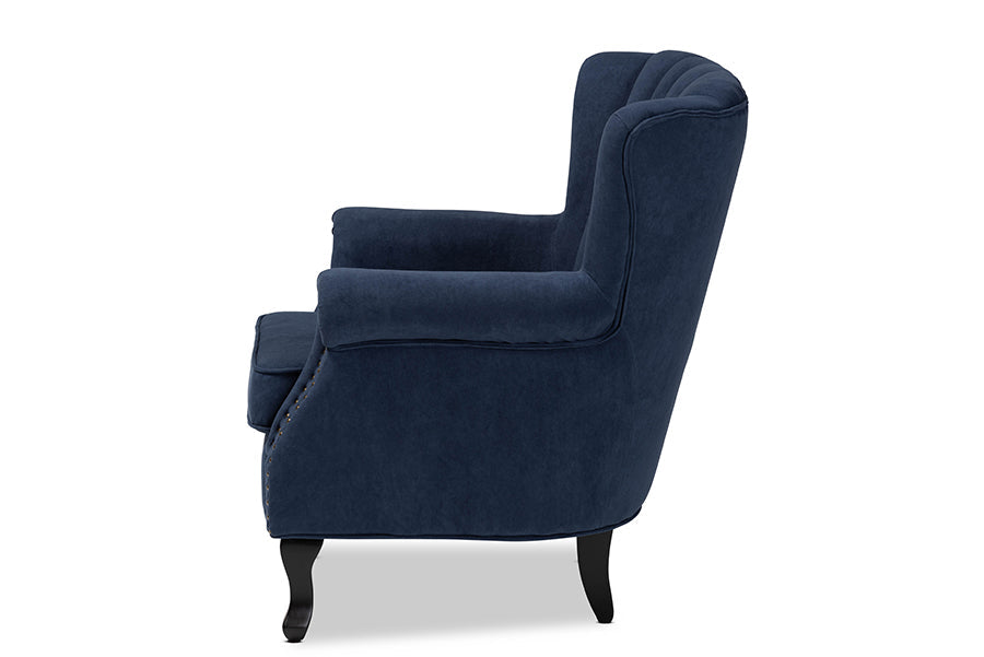 Baxton Studio Relena Classic and Traditional Navy Blue Velvet Fabric Upholstered and Dark Brown Finished Wood Armchair