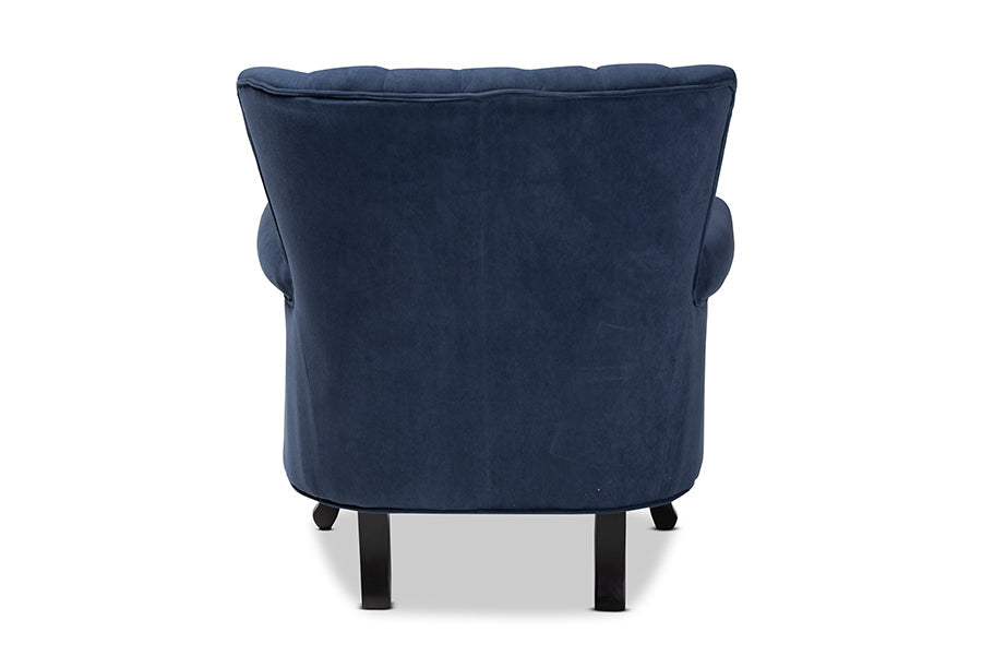 Baxton Studio Relena Classic and Traditional Navy Blue Velvet Fabric Upholstered and Dark Brown Finished Wood Armchair