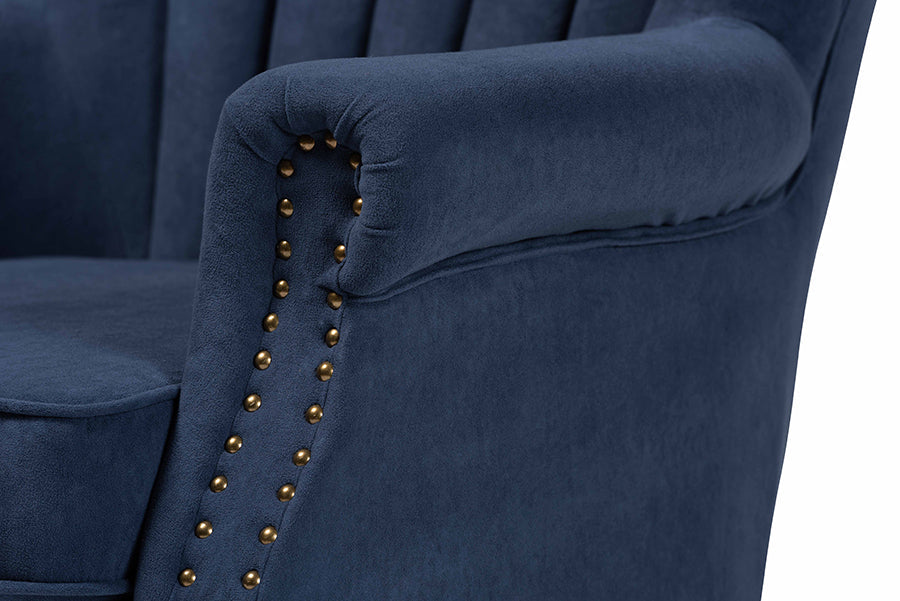 Baxton Studio Relena Classic and Traditional Navy Blue Velvet Fabric Upholstered and Dark Brown Finished Wood Armchair