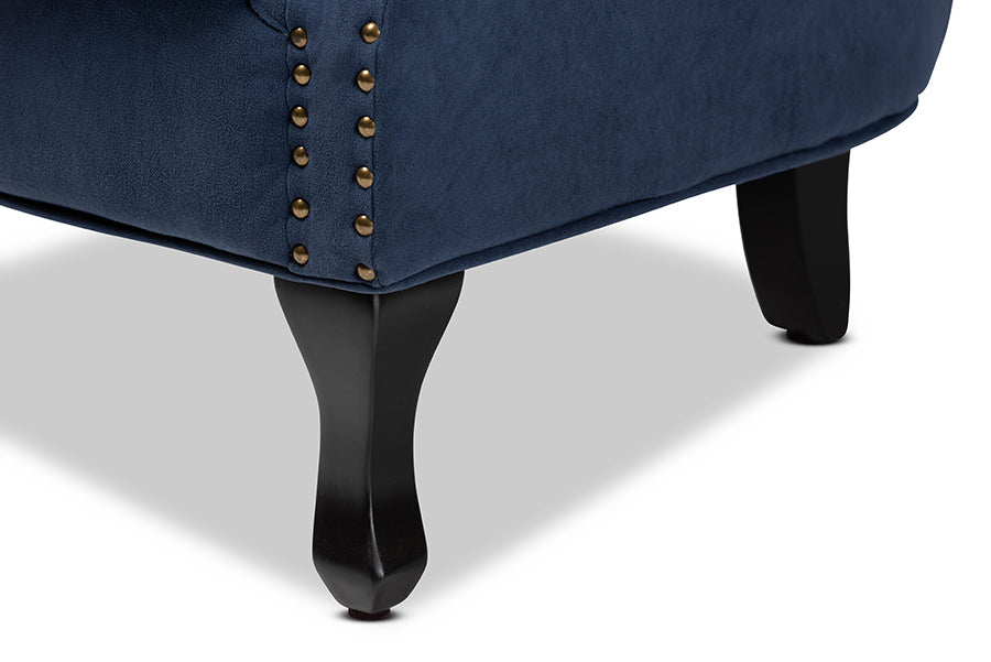 Baxton Studio Relena Classic and Traditional Navy Blue Velvet Fabric Upholstered and Dark Brown Finished Wood Armchair