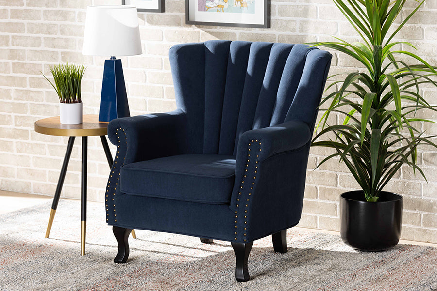 Baxton Studio Relena Classic and Traditional Navy Blue Velvet Fabric Upholstered and Dark Brown Finished Wood Armchair