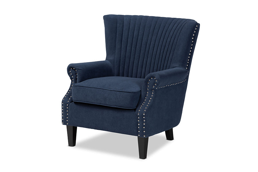 Baxton Studio Wilhelm Classic and Traditional Navy Blue Velvet Fabric Upholstered and Dark Brown Finished Wood Armchair