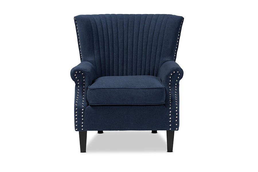 Baxton Studio Wilhelm Classic and Traditional Navy Blue Velvet Fabric Upholstered and Dark Brown Finished Wood Armchair