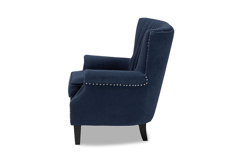 Baxton Studio Wilhelm Classic and Traditional Navy Blue Velvet Fabric Upholstered and Dark Brown Finished Wood Armchair