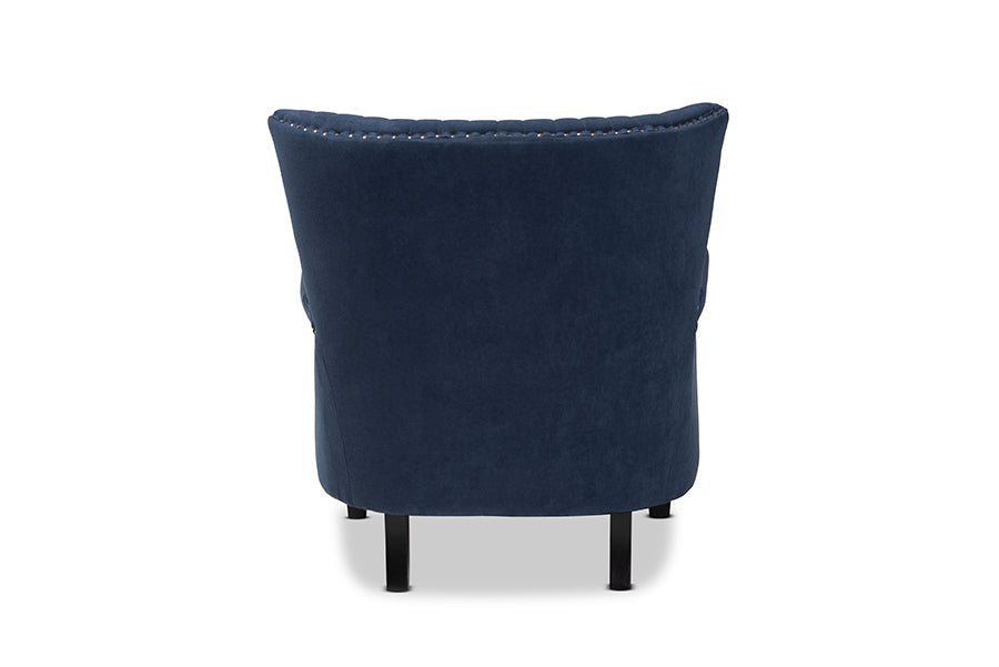 Baxton Studio Wilhelm Classic and Traditional Navy Blue Velvet Fabric Upholstered and Dark Brown Finished Wood Armchair