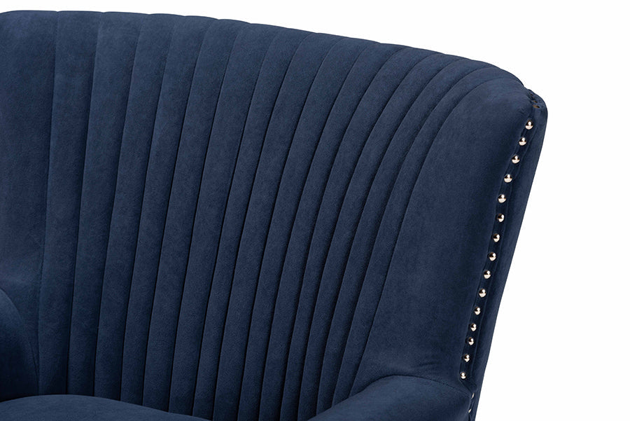 Baxton Studio Wilhelm Classic and Traditional Navy Blue Velvet Fabric Upholstered and Dark Brown Finished Wood Armchair