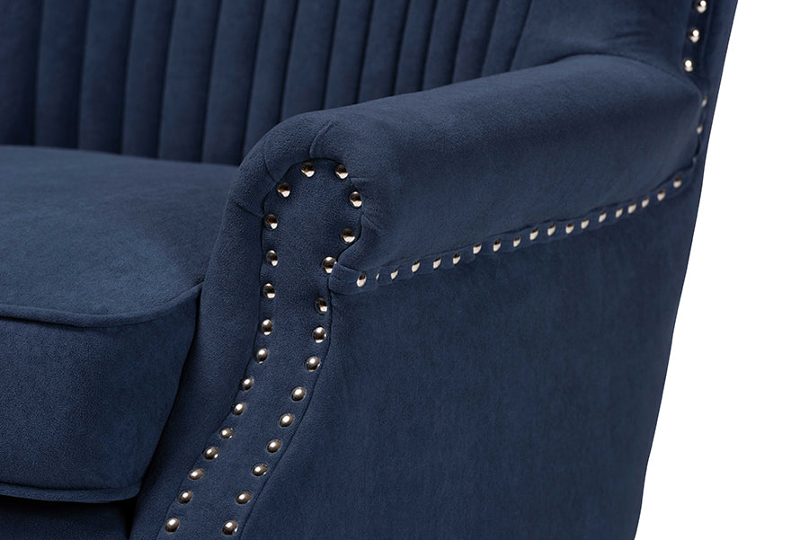 Baxton Studio Wilhelm Classic and Traditional Navy Blue Velvet Fabric Upholstered and Dark Brown Finished Wood Armchair