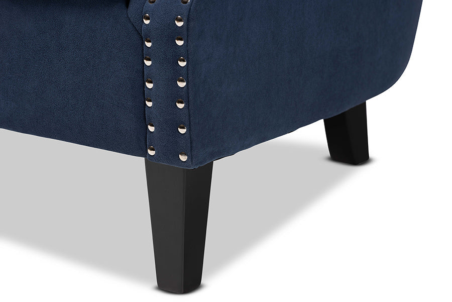 Baxton Studio Wilhelm Classic and Traditional Navy Blue Velvet Fabric Upholstered and Dark Brown Finished Wood Armchair