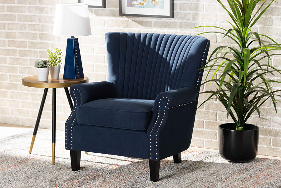 Baxton Studio Wilhelm Classic and Traditional Navy Blue Velvet Fabric Upholstered and Dark Brown Finished Wood Armchair