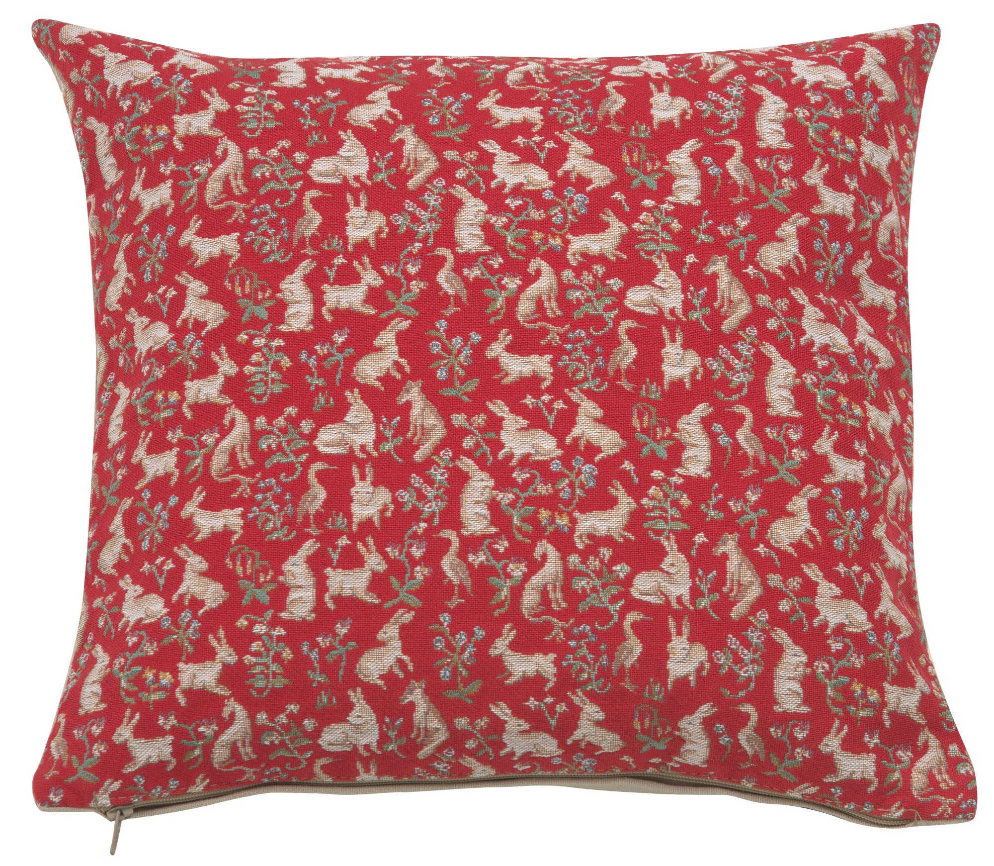 Mille Fleurs and Little Animals Red French Cushion
